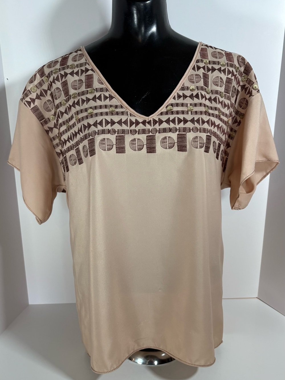 Chelsea & Violet Beige Top with Brown Geometric Embroidery